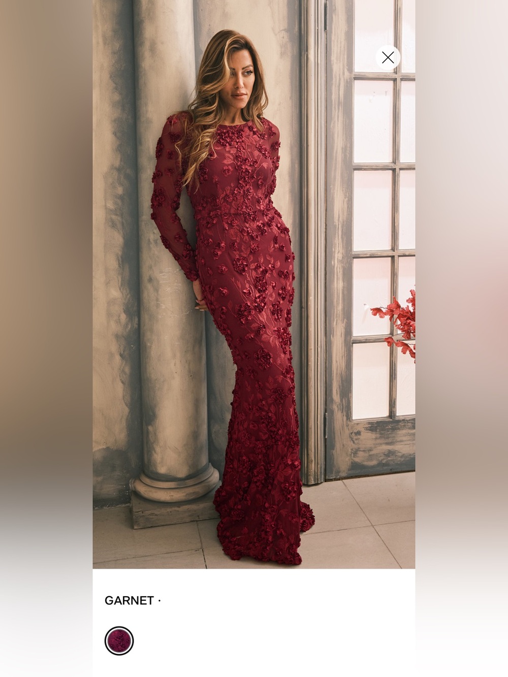 Elegant Red Floral Appliqué Long Sleeve Gown